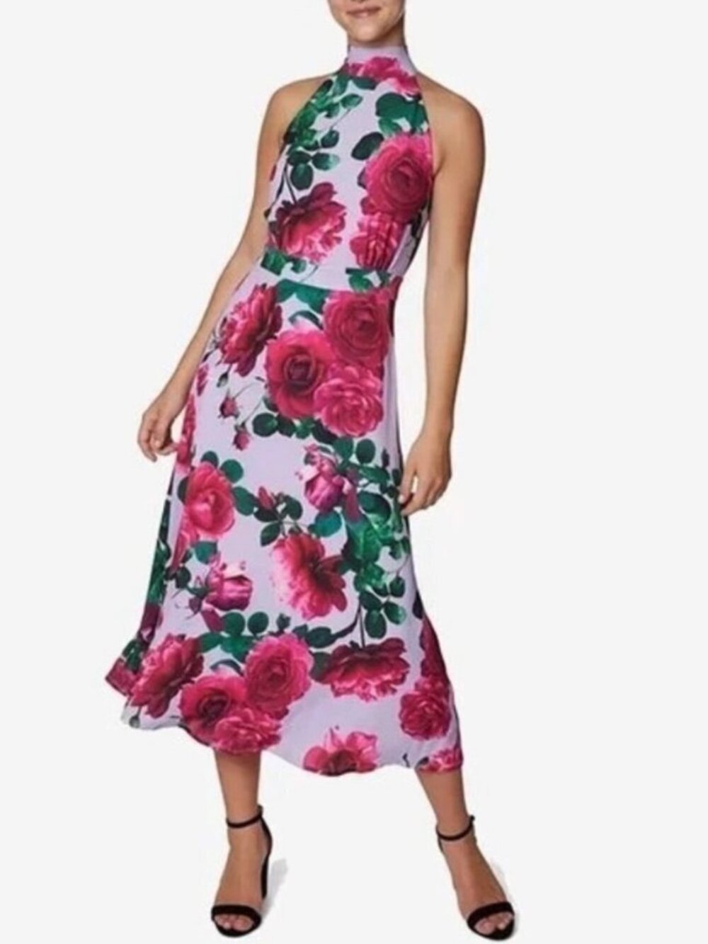 Laundry by Shelli Segal Floral Halter Midi Dress Size 12 Pink Whimsical Garden